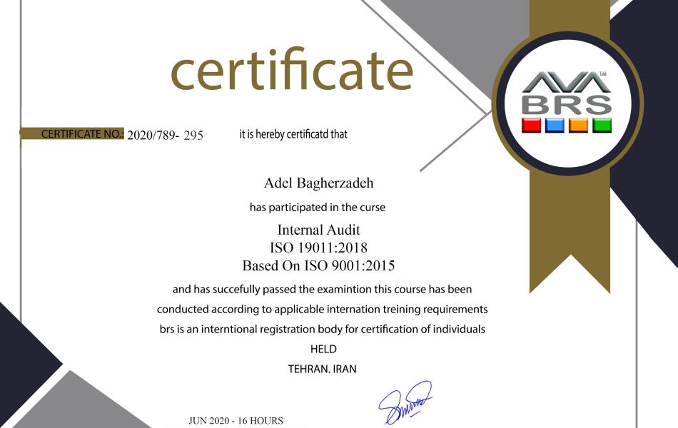 گواهینامه دوره آموزشی ممیزی داخلی بر اساس استاندارد ISO9001 با رویکرد ISO9001